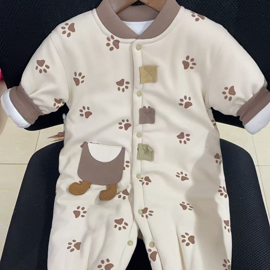 新款冬季200克棉花包脚闭挡婴儿连体衣熊花掌脚印（可机洗）