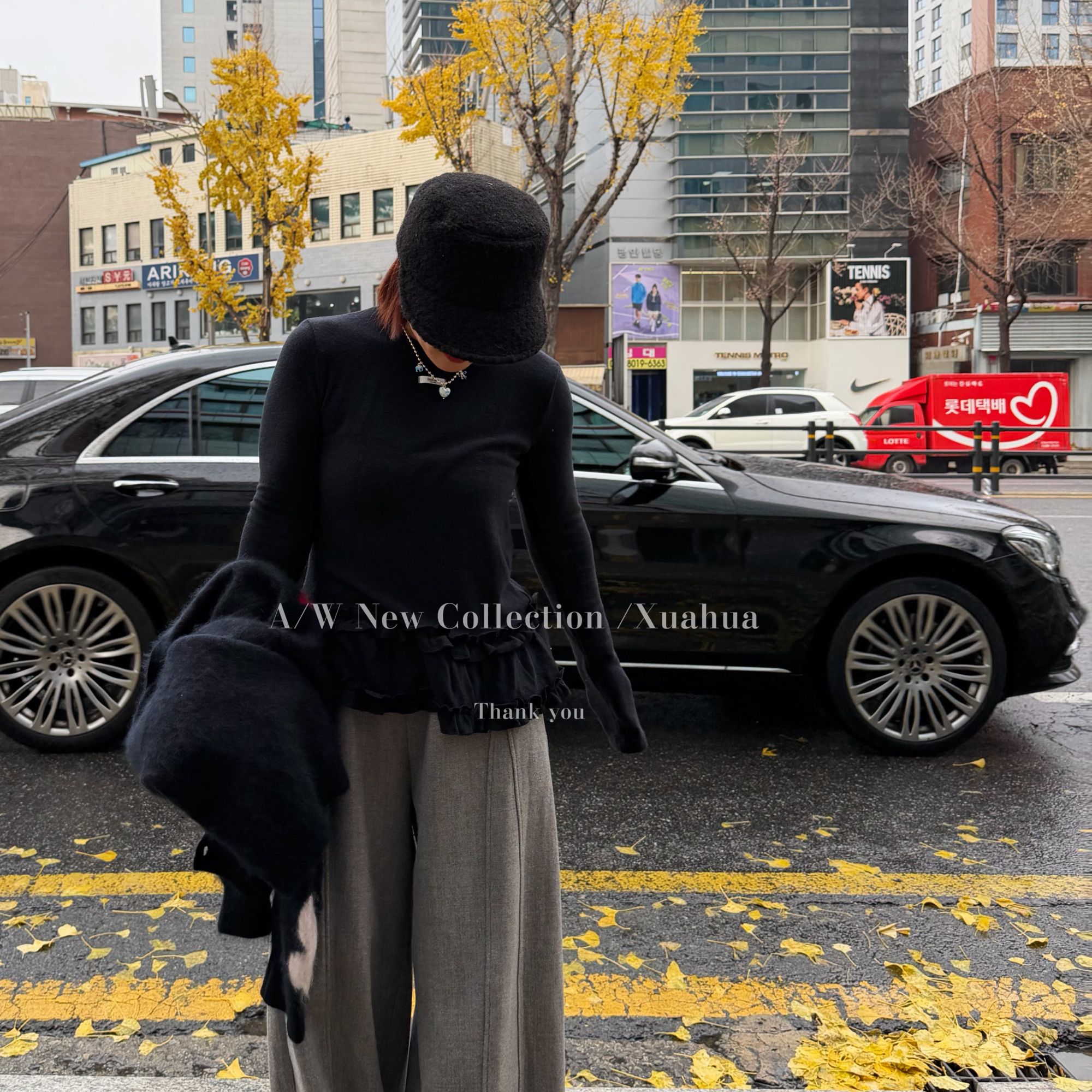 韩版时尚显瘦25秋冬叠穿拼接木耳边下摆长袖套头打底衫上衣