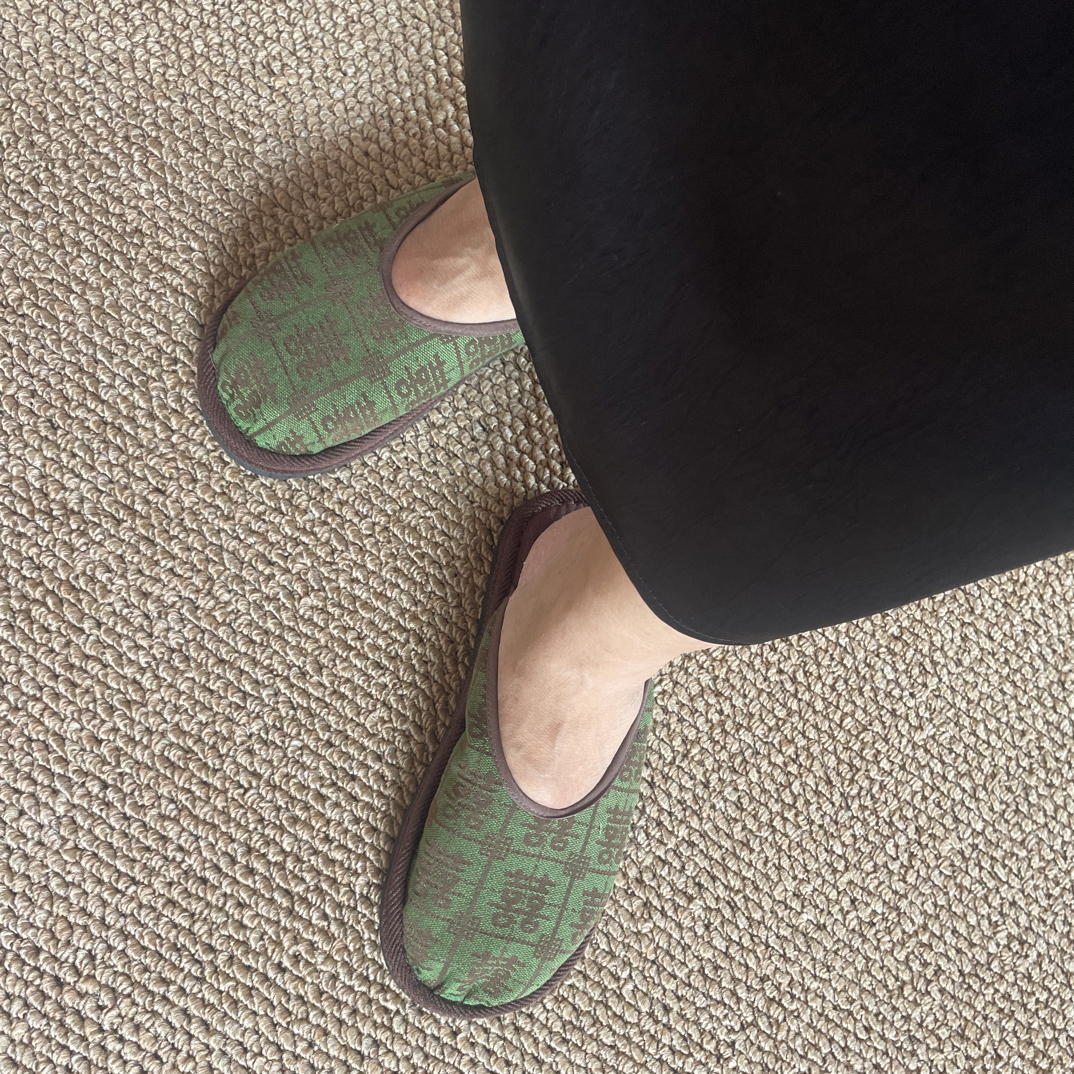 绿喜字提花圆头包头EVA鞋底手工布拖