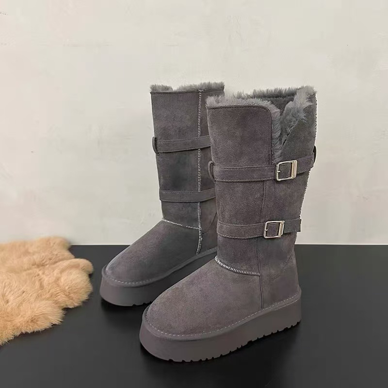 Miss zhuo｜卓晓儿 灰色翻领高筒靴时尚保暖雪地靴女书秋冬百搭