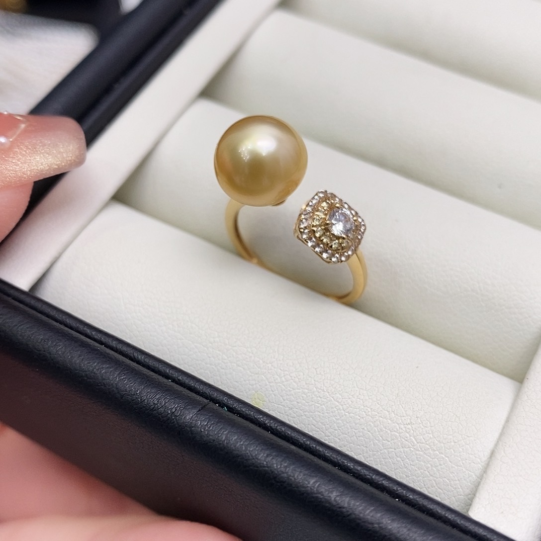 海水珍珠戒圈18K金镶嵌9-10mm