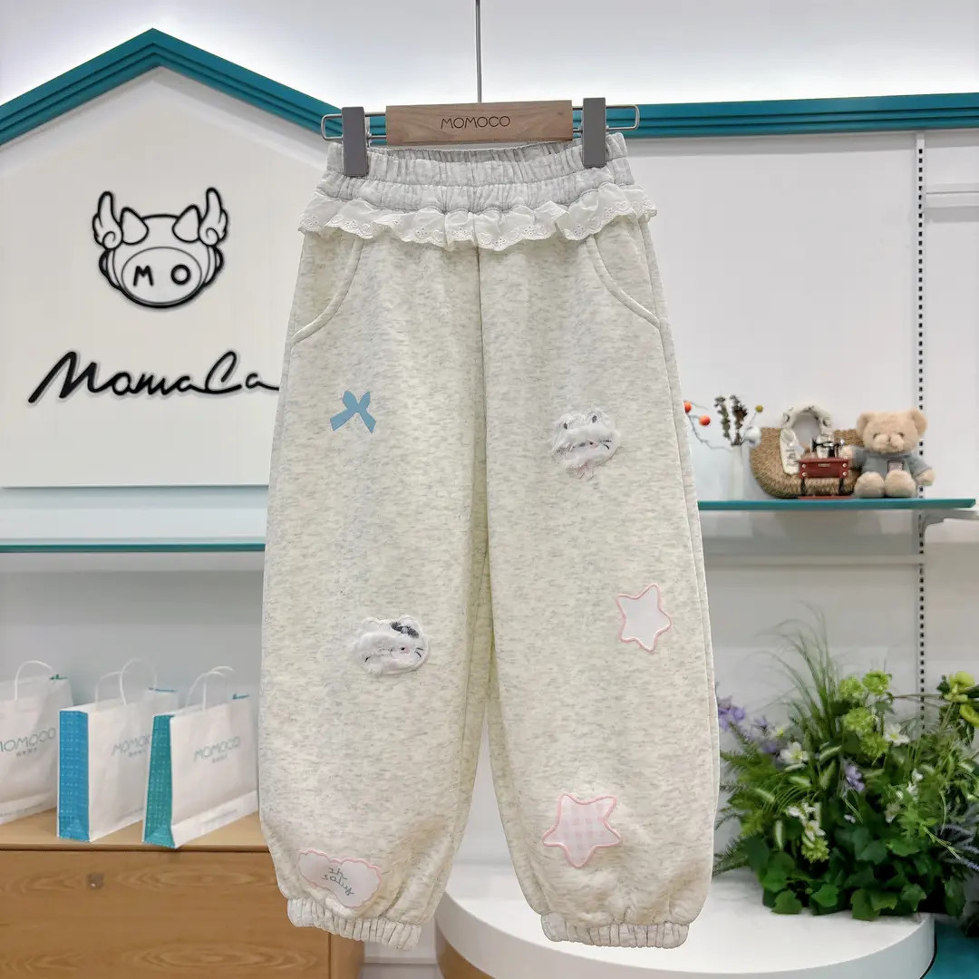 MOMOCO女童冬季百搭甜美蝴蝶结花边加绒束脚卫裤77830358026