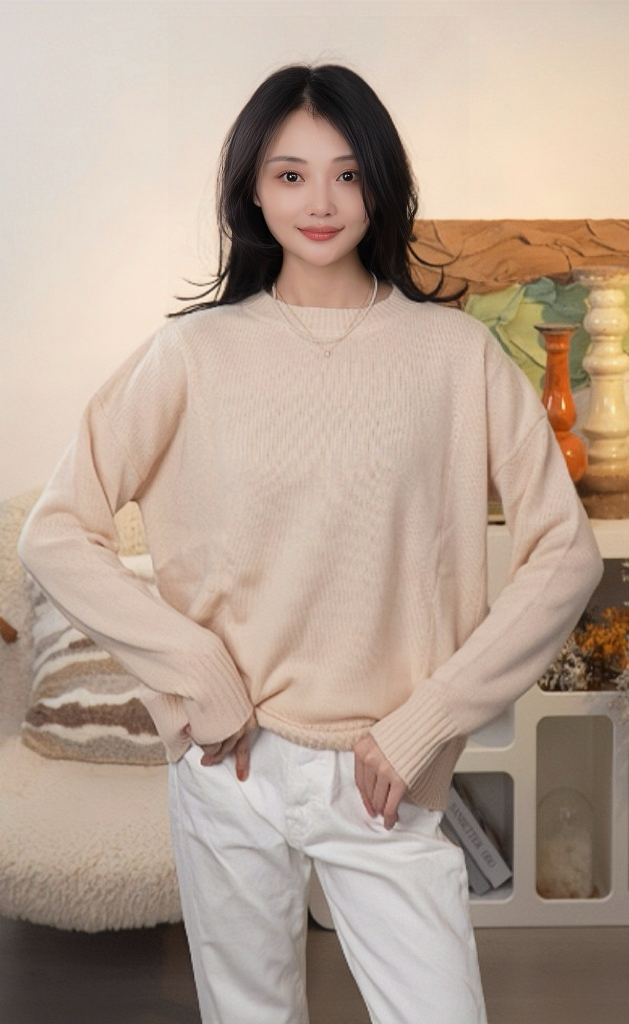 圆领常规款女装宽松型秋冬宽松针织女士纯色衫-8021712037