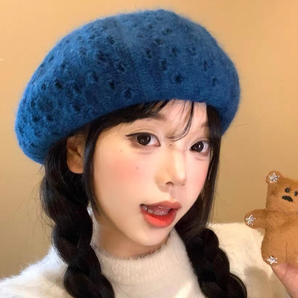 镂空双层兔毛贝雷帽女显脸小画家帽子秋冬季慵懒风保暖针织蓓蕾帽