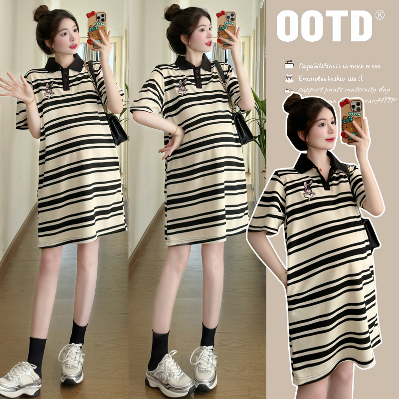 【梦梦妈】孕妇装夏装时尚款条纹宽松洋气短袖长裙大码孕妇连衣裙
