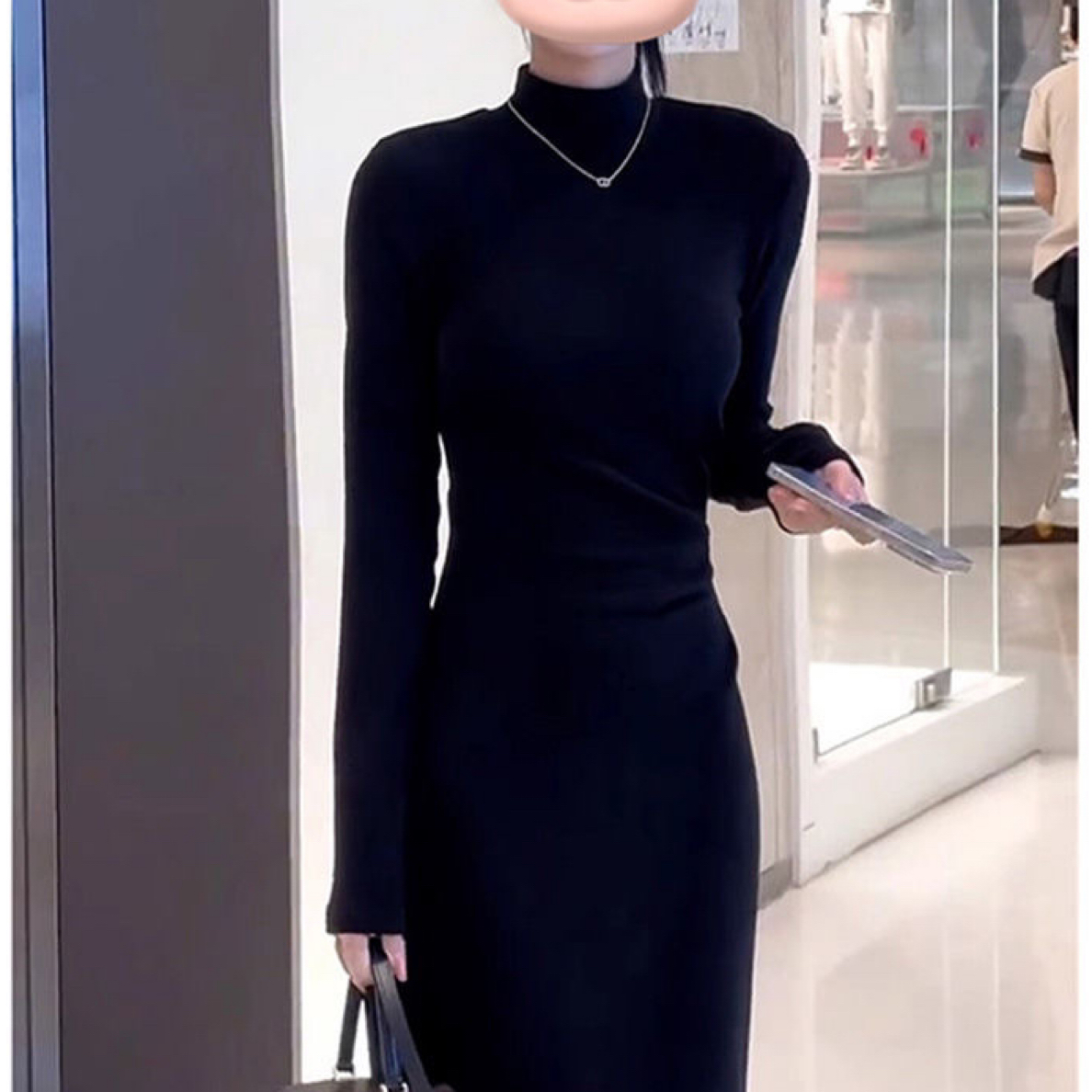 赫本风半高领黑色磨毛薄绒修身秋冬内搭长款包臀连衣裙