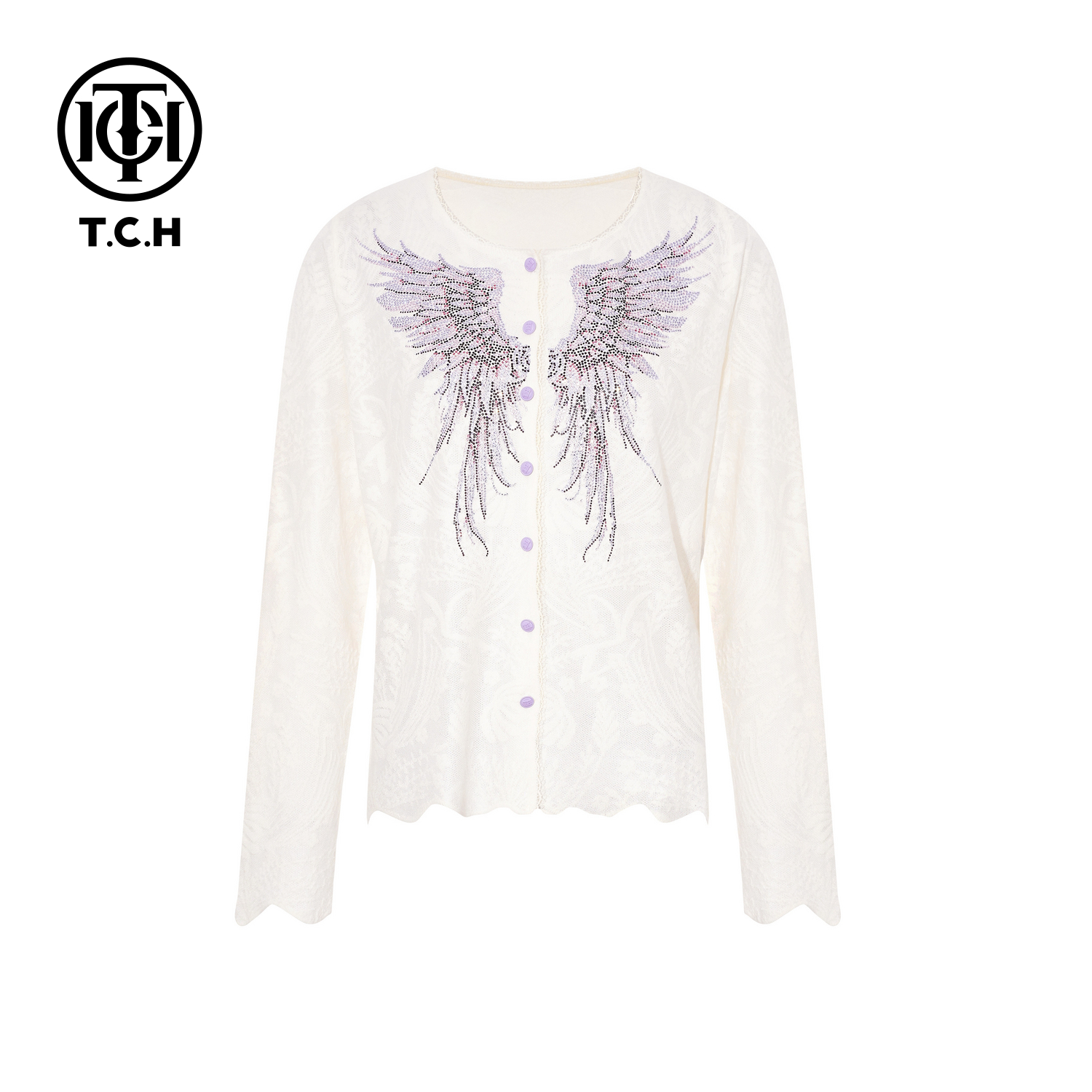 TCH【天使之翼】冬款含羊毛烫钻时尚淑女米色针织衫T75D43E1002