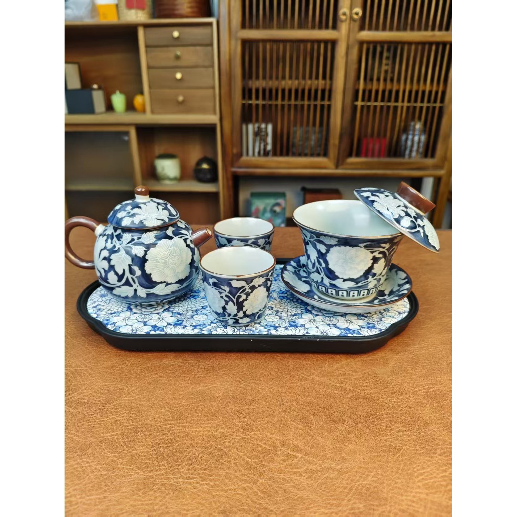 中式复古风蓝白花卉图案茶具套组mc173