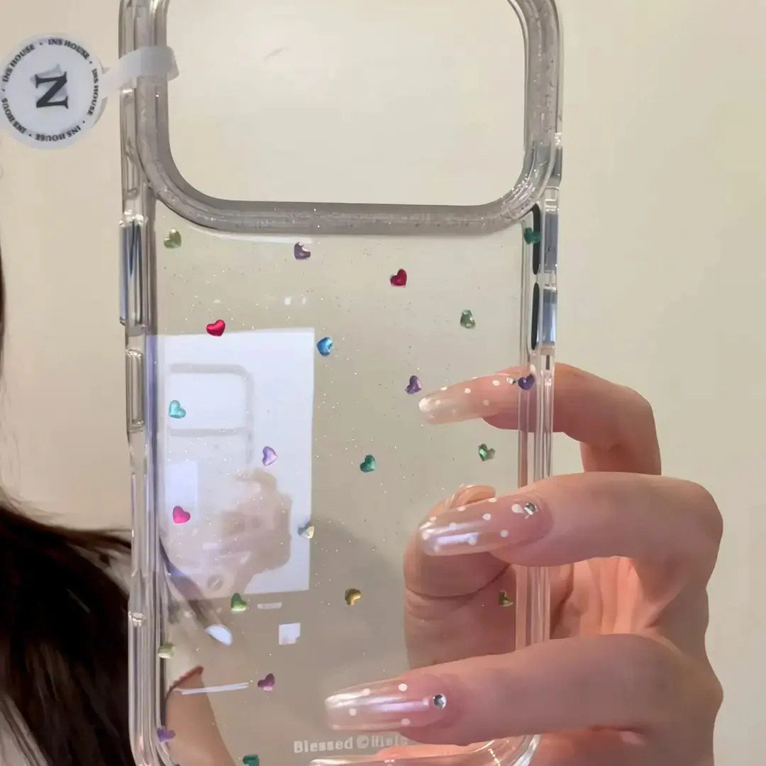 韩系透底爱心彩钻适用手机壳苹果16promax女iPhone15卡通14新款13
