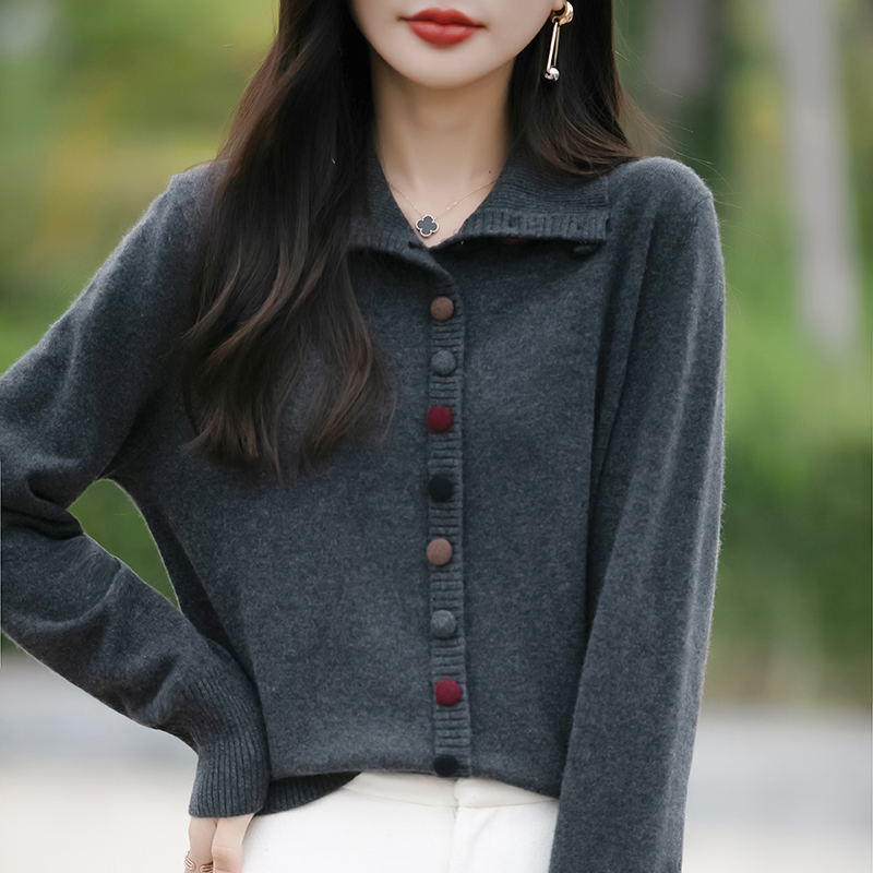 哥弟阿玛施正品纯羊绒彩扣高领针织开衫外套女2025新款春秋款毛衣