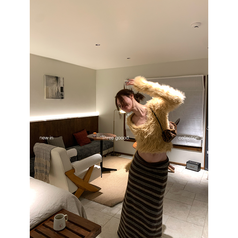 THREE GOOOD/三吉 织纹漫记 条纹针织毛呢半身裙一步裙Y725K20749