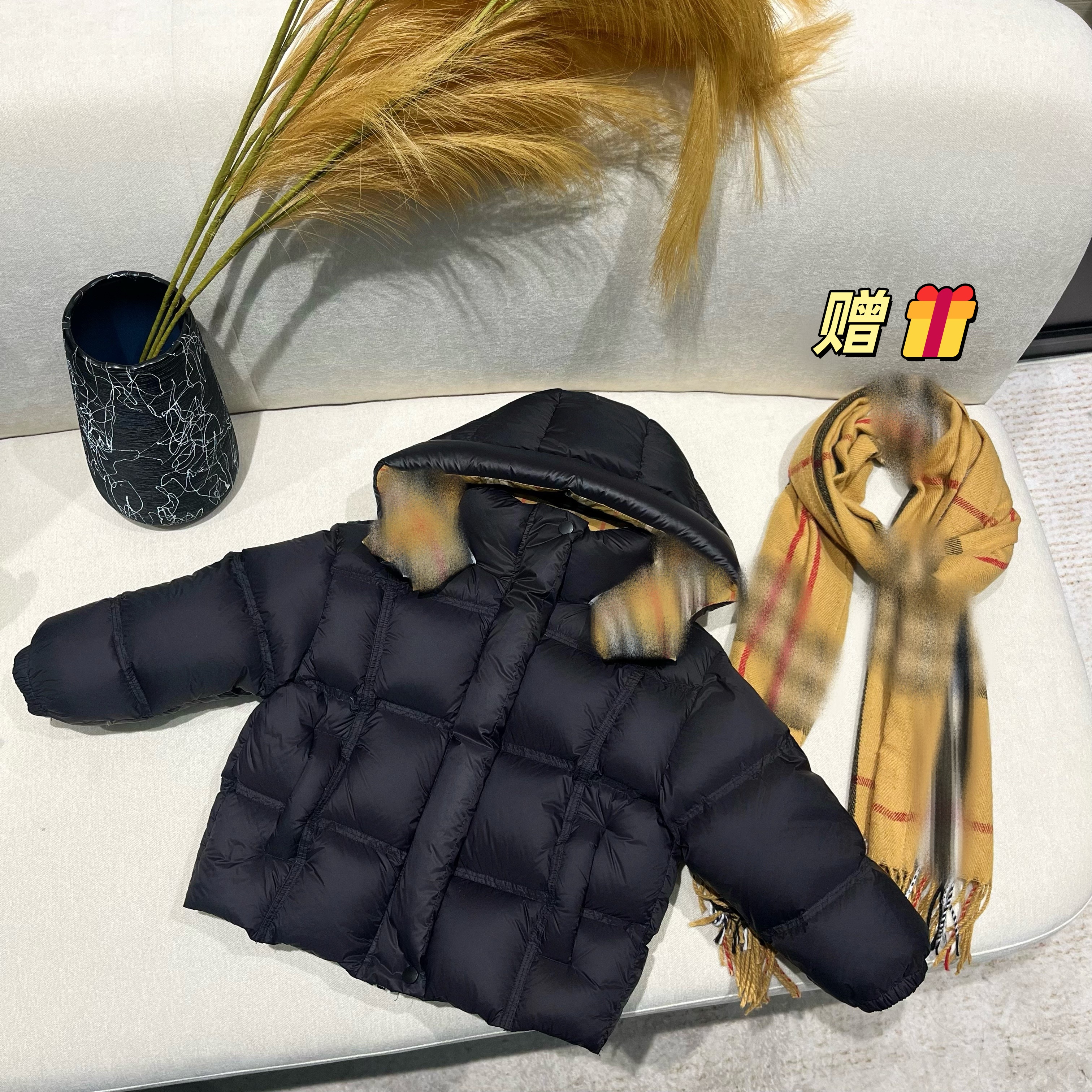 【Chicmigo高定童装】冬季新款高定轻奢格纹连帽国标90白鹅绒羽绒服