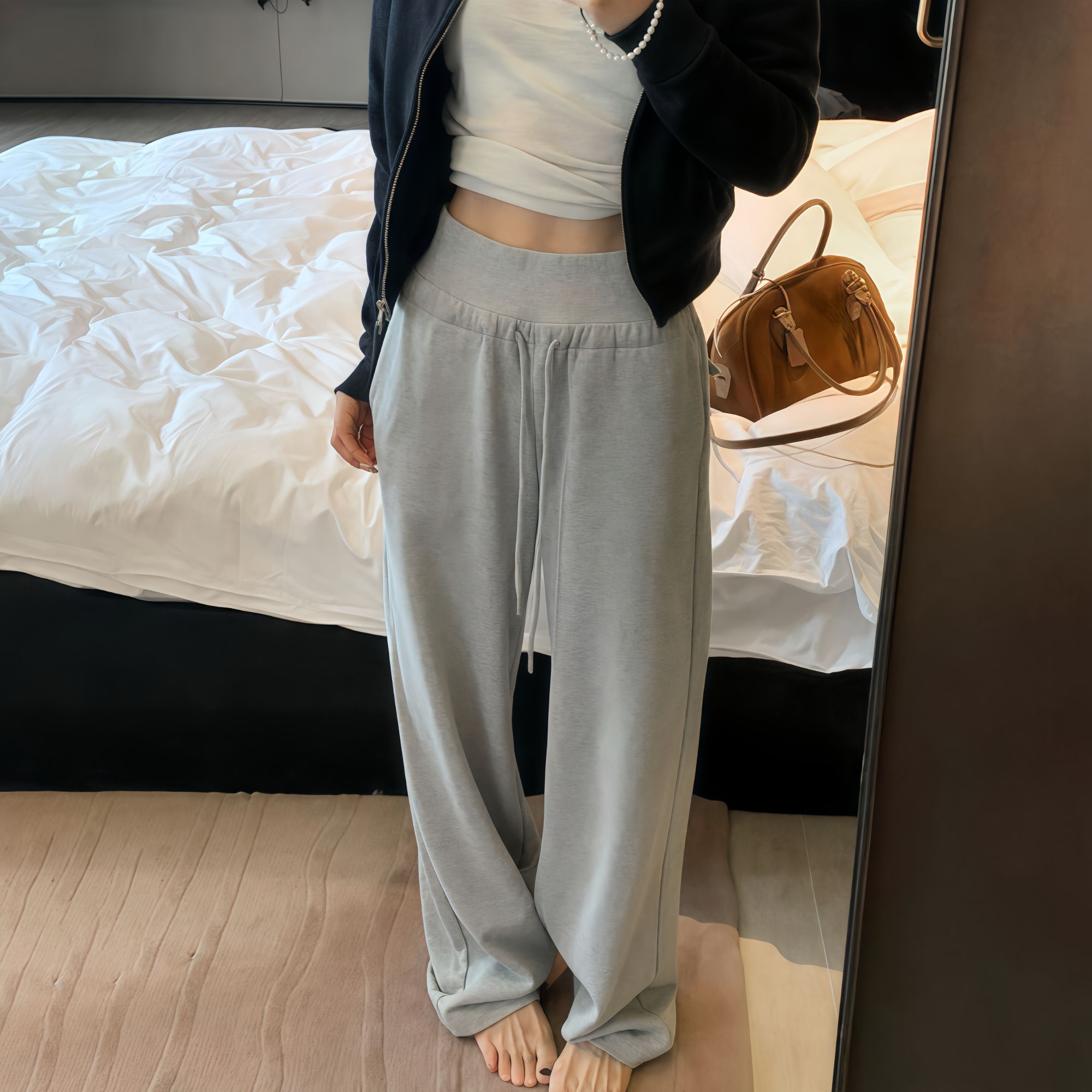 高腰美式灰色运动裤女春秋2025新款垂感直筒阔腿宽松休闲拖地卫裤