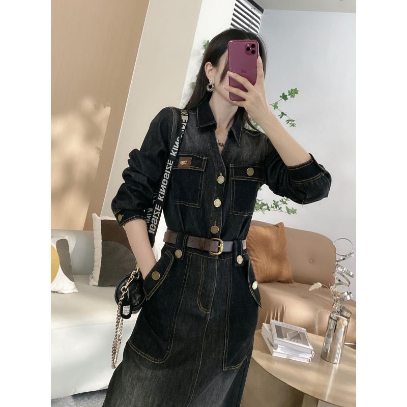 D加绒Polo领复古牛仔连衣裙常规版（YDW5）3507加长版0301