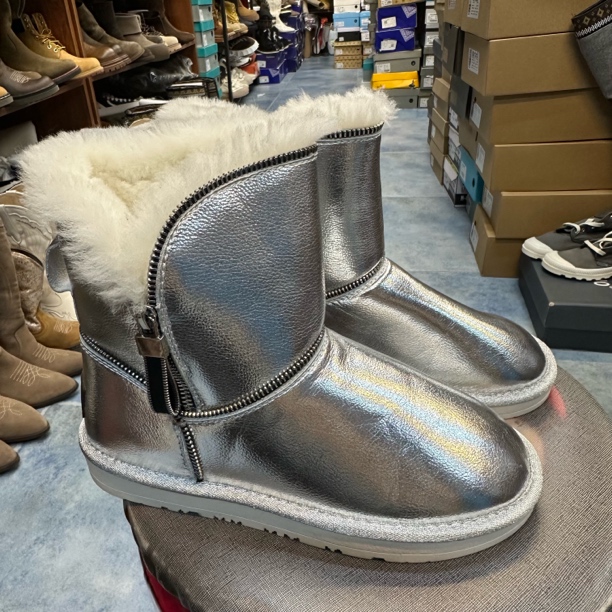 福利款雪地靴银色拉链款光面冬季个性加厚保暖微瑕