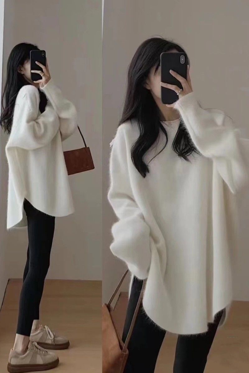 中长款长袖T恤配鲨鱼裤的上衣酒红毛衣打底衫女秋冬内搭宽松加厚