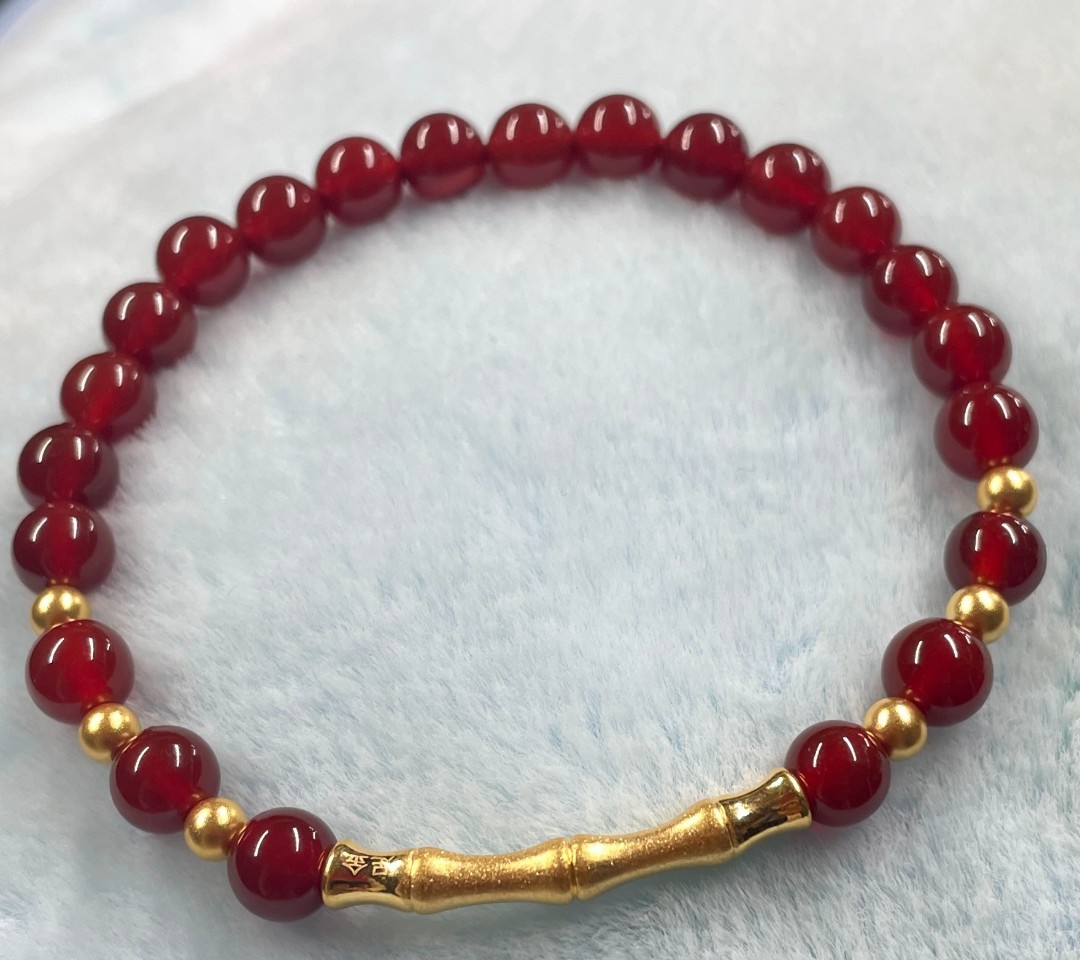 B(008）足金竹节+3.5mm金珠6颗（赠卡六红玛 瑙/玉 髓手串）
