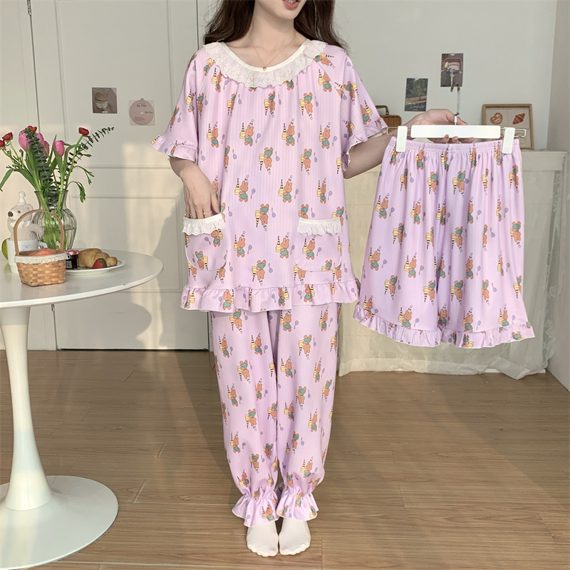 三件套大码300斤睡衣女春夏弹力套头胖MM宽松100-300斤家居服套装