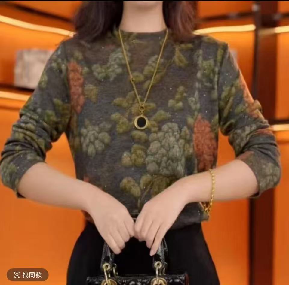 时尚印花高级感洋气长袖打底衫女秋季减龄百搭遮肚显瘦宽T恤上衣