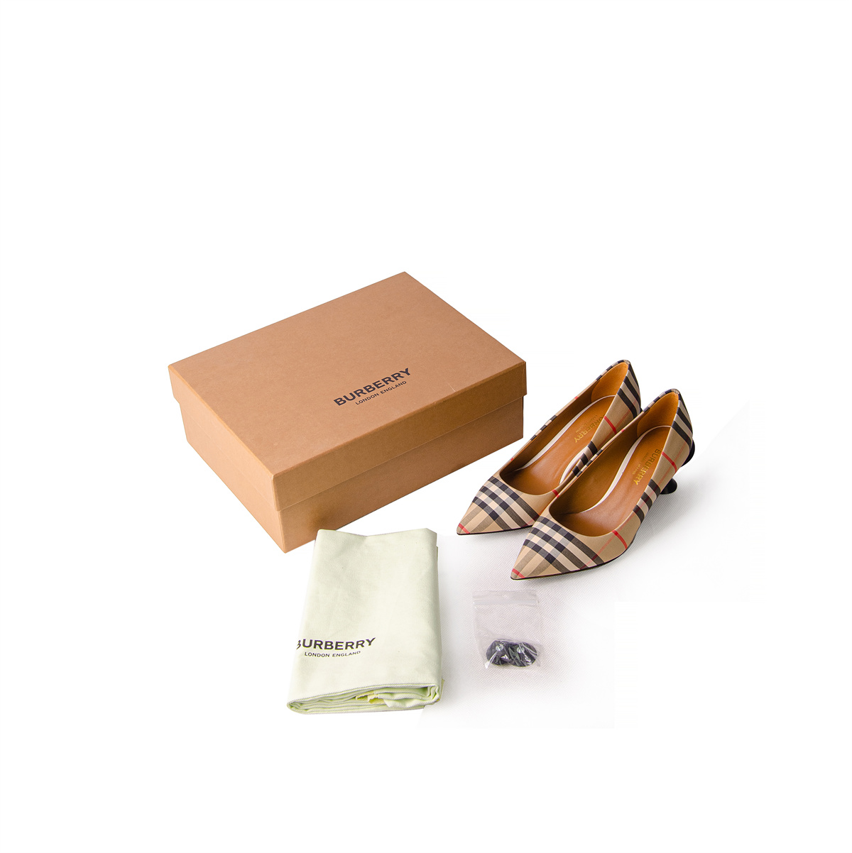 全新未使用 BURBERRY/博柏利 经典棕色棋盘格纹尖头高跟女鞋B2540