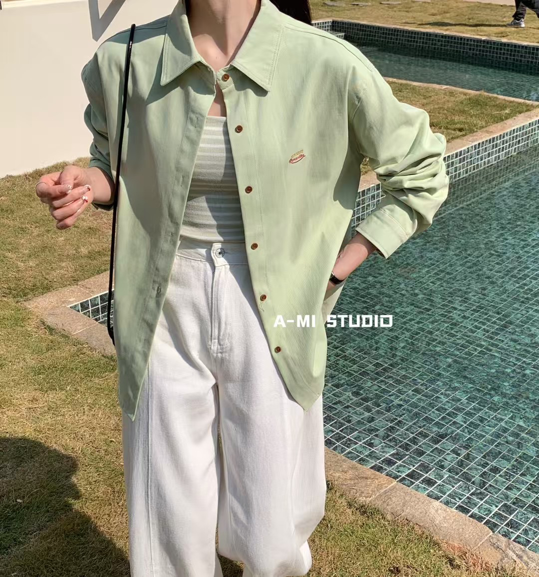 韩系刺绣长袖衬衫宽松休闲百搭衬衣简约设计女装