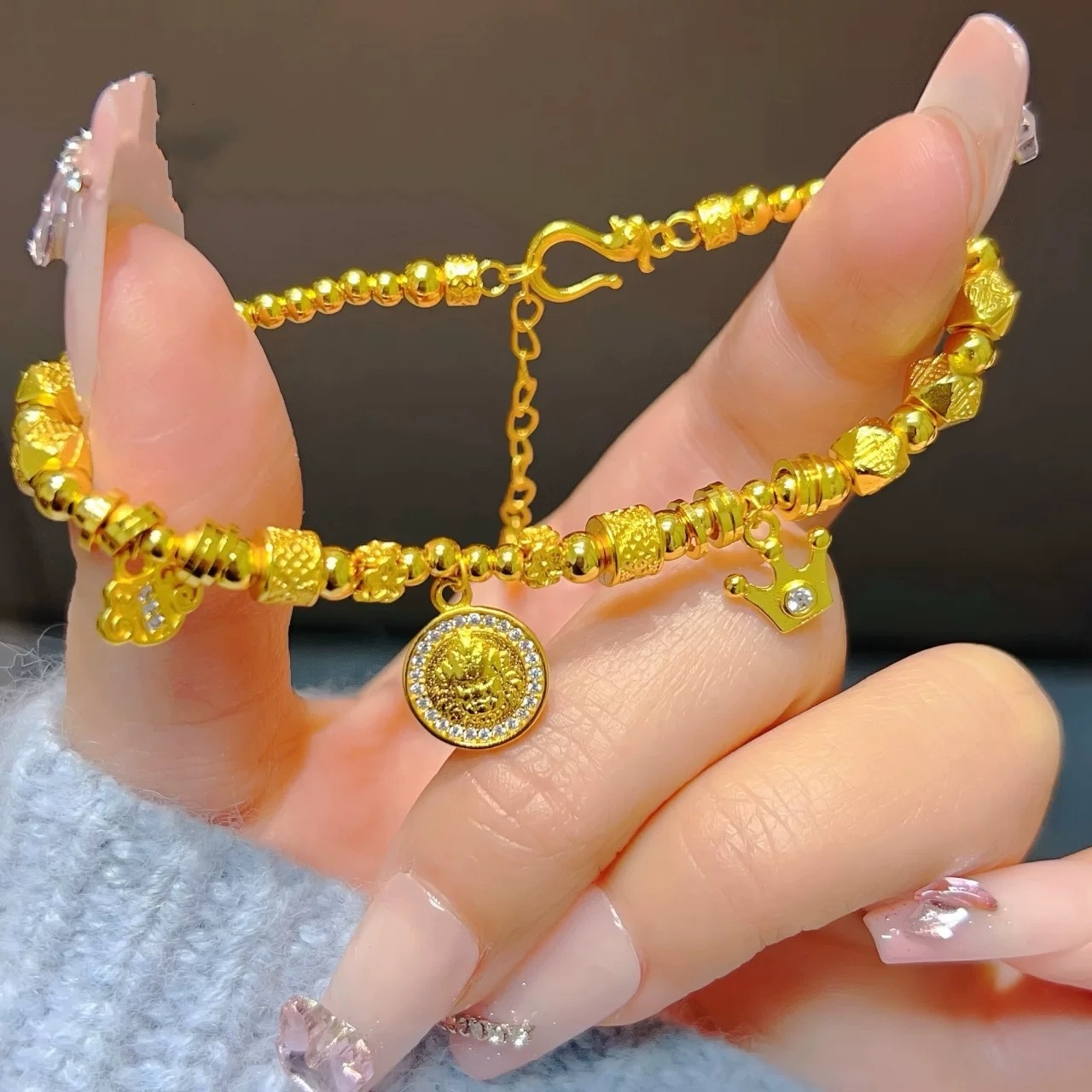 铜合金手链 点钻如意黄财神福字珠珠轻奢手链高级感百搭手饰女