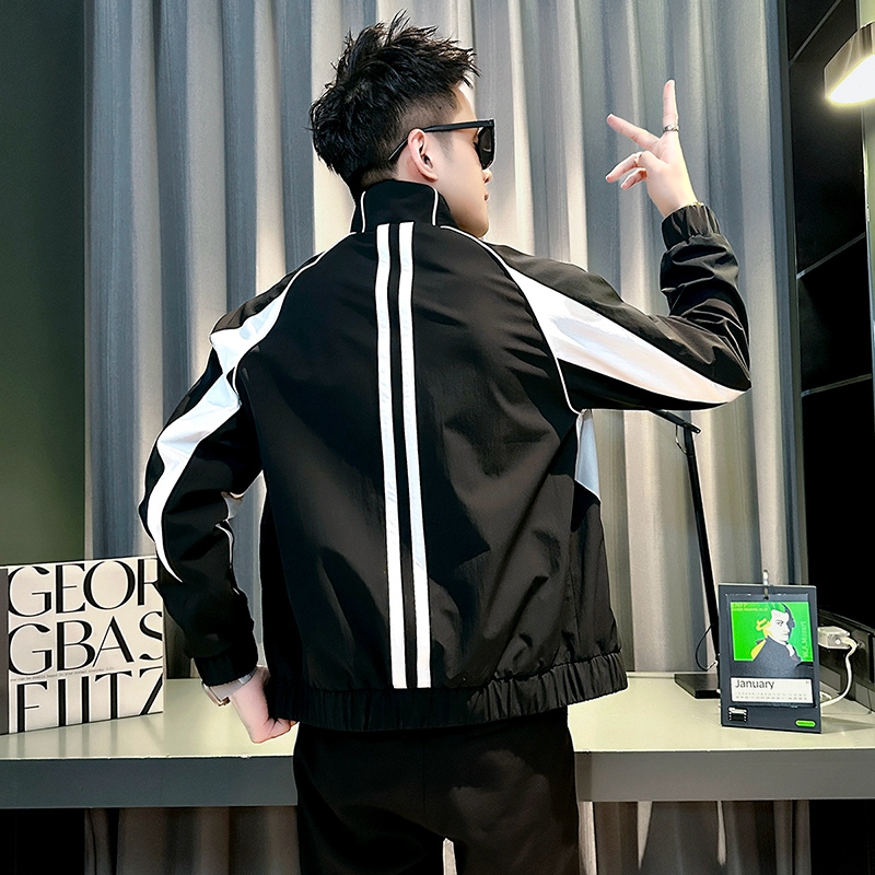 网红白色条纹夹克男士春秋款2025新款爆款立领外套男装休闲上衣服
