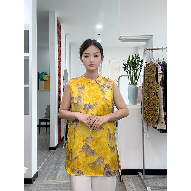 291新中式黄色盘扣立领无袖短袖女夏季新款显瘦轻奢风上衣
