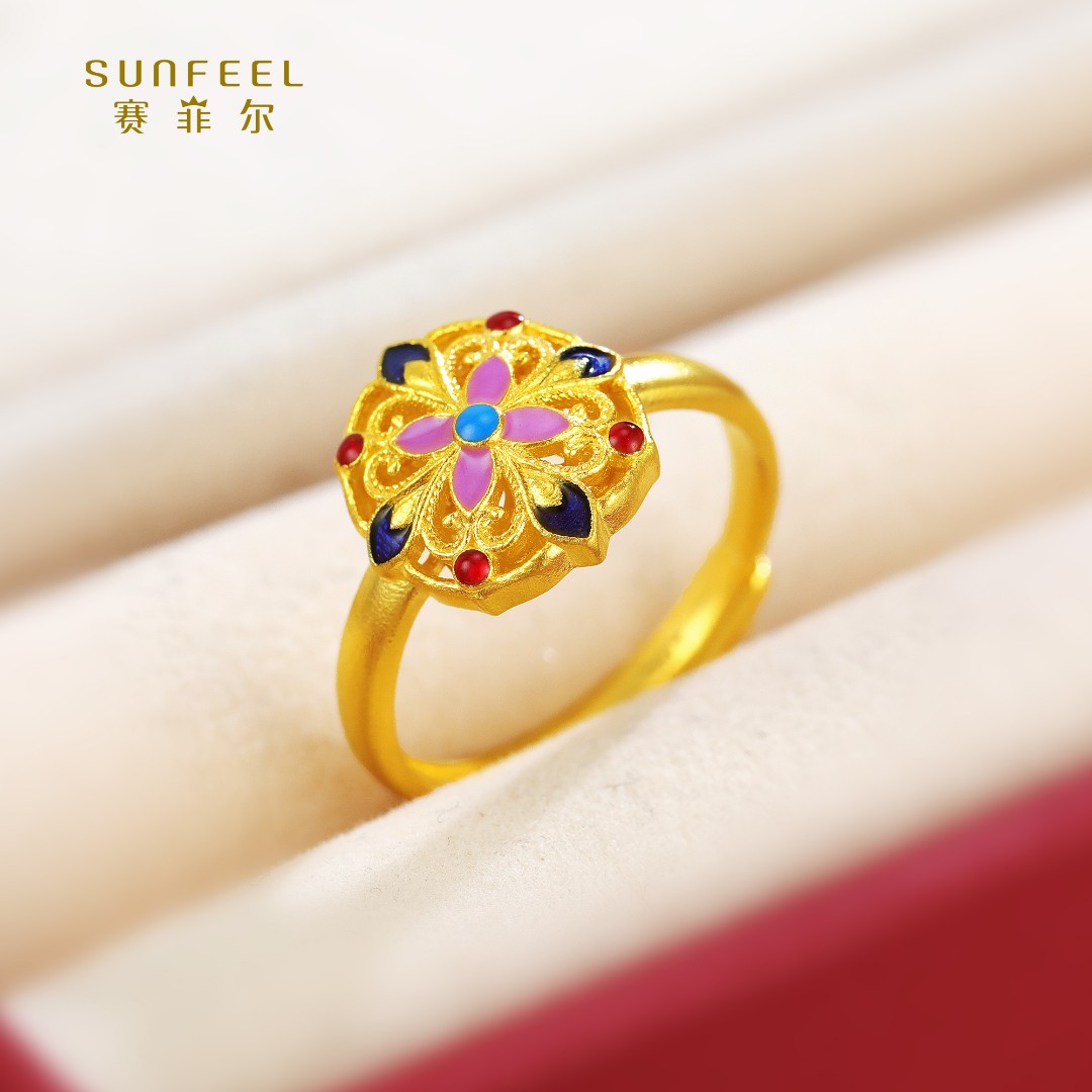 SUNFEEL/赛菲尔【十七店】足金炫彩系列珐琅花丝四叶戒指HJ59010326