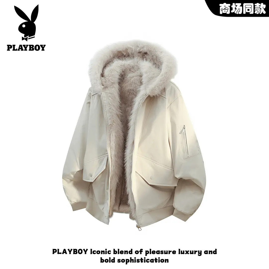 花花公子双面穿座山雕连帽棉服男款秋冬季加绒加厚保暖棉衣外套男