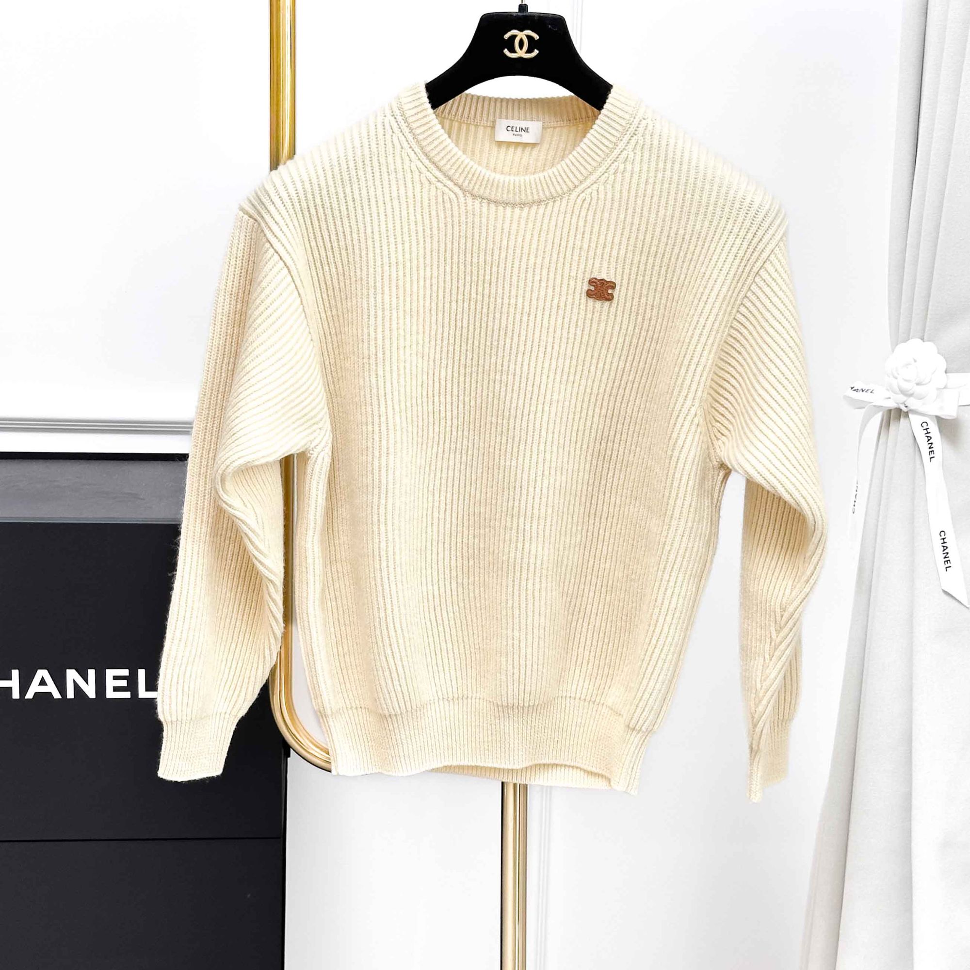 99新 Celine/思琳 M码 米黄色拼棕色 凯旋门 长袖 毛衣 