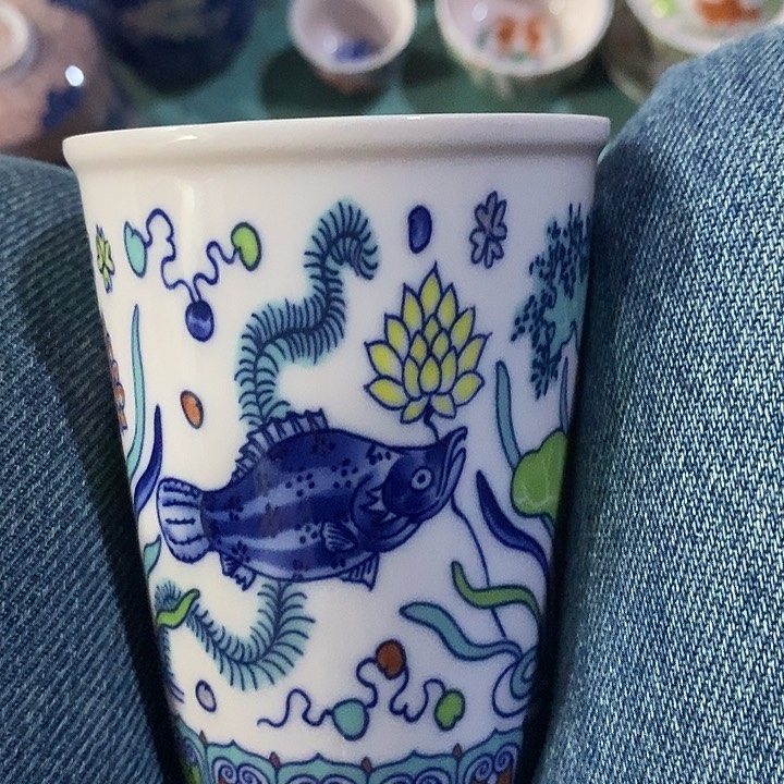 摆件陶红稀土斗彩鱼可乐杯