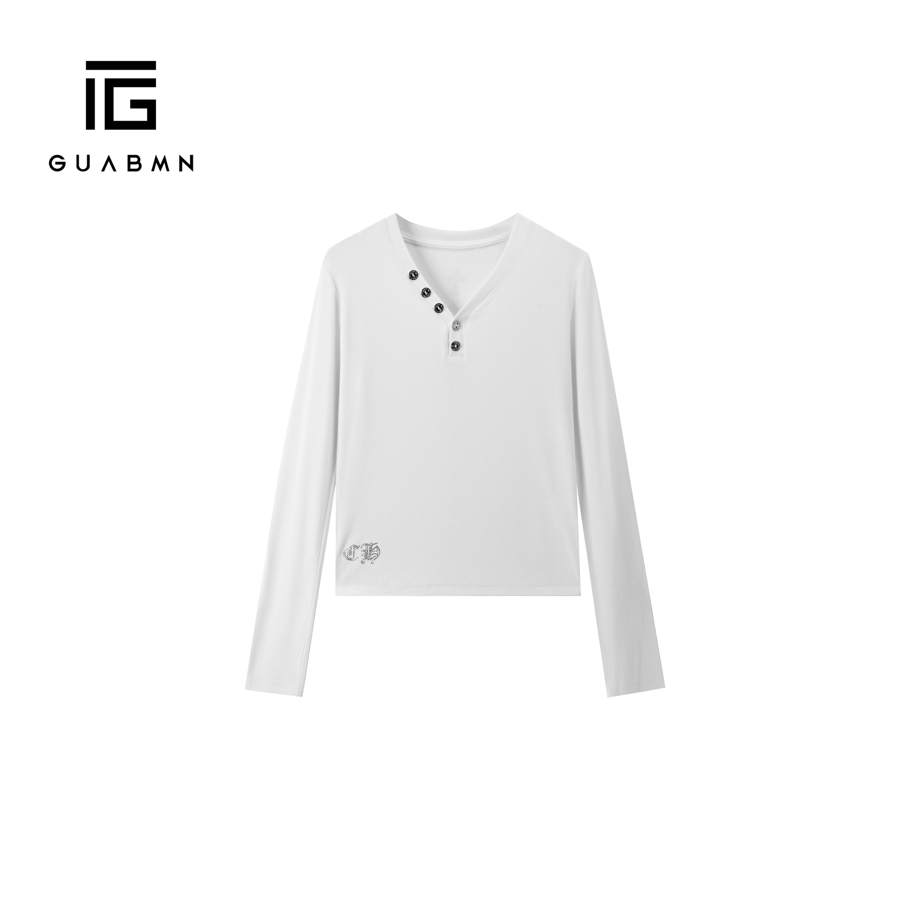 GUABMN2025年秋季新款修身显瘦重工纽扣V领修身显瘦长袖T恤5827