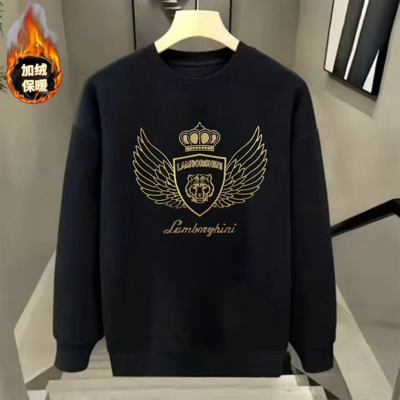 秋冬新款加绒加厚卫衣男女同款潮牌时尚潮流圆领保暖-烫钻卫衣