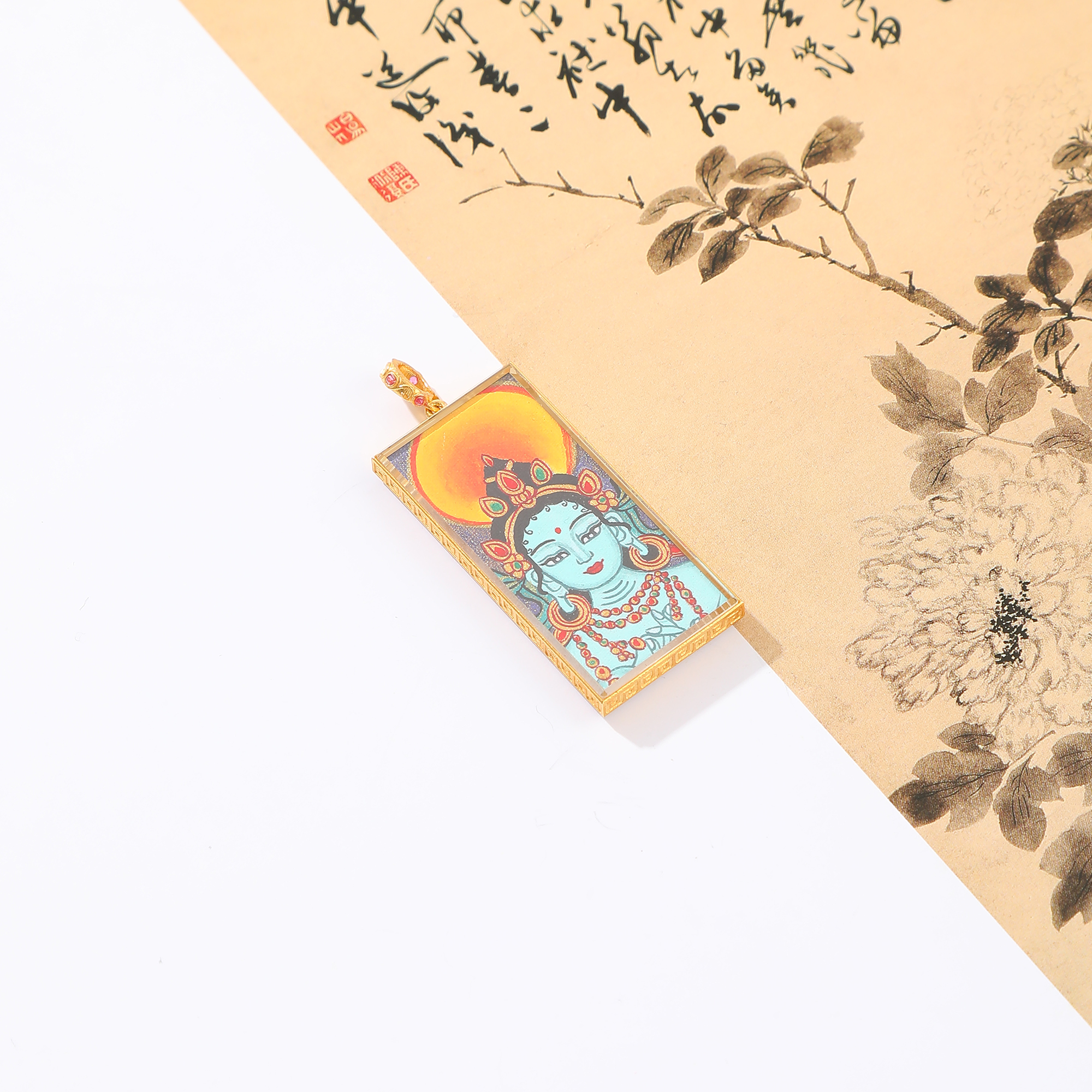 一了个卜18k绿度母唐卡吊坠