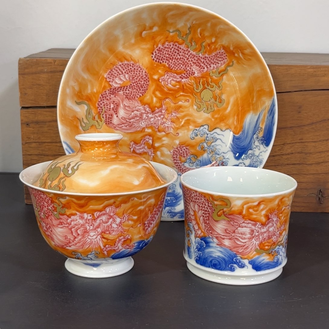 青花矾红错金银苍龙出海三件套 可拆分