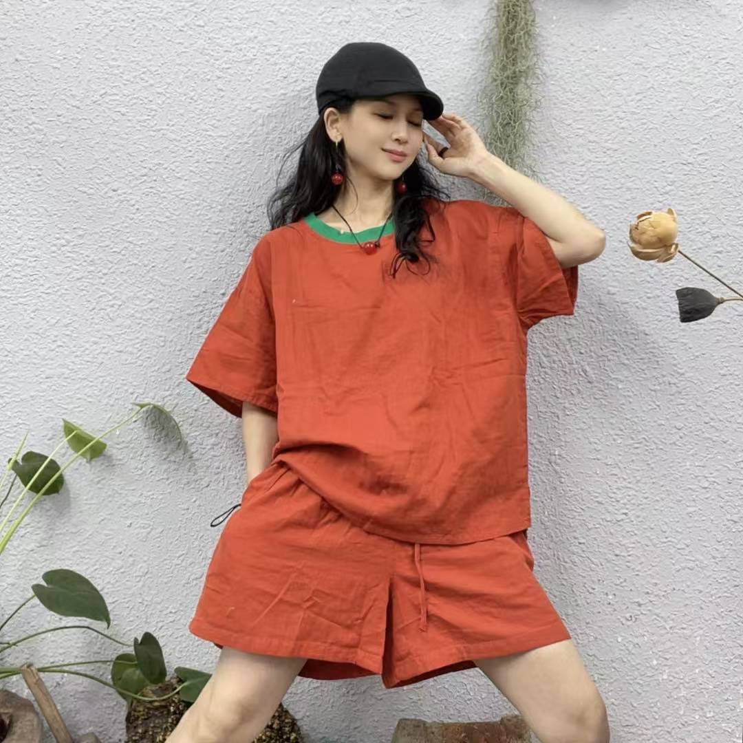 25070-1撞色圆领双层纱套装（衣63-65胸围130裤42臀围122脚口78