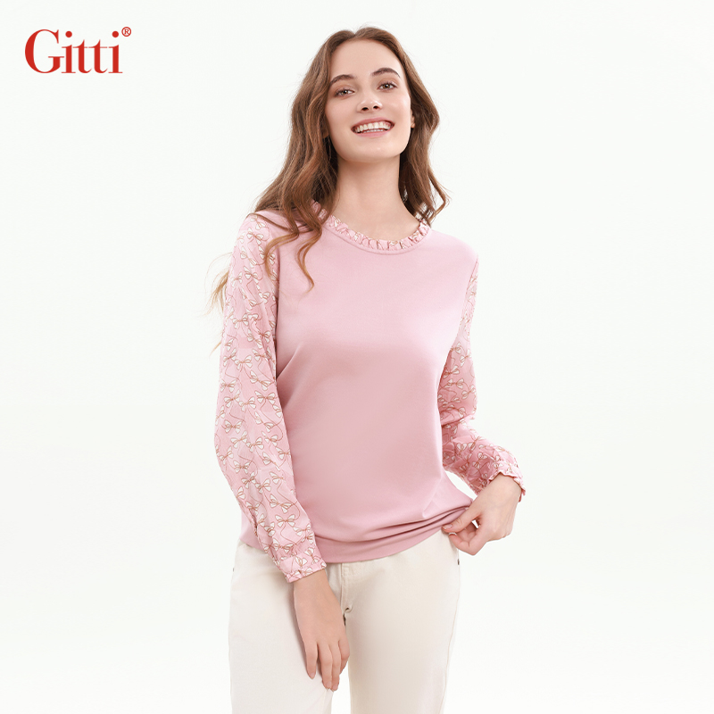 Gitti/吉蒂秋款立领荷叶边印花长袖T恤女宽松大码圆领上衣G255022