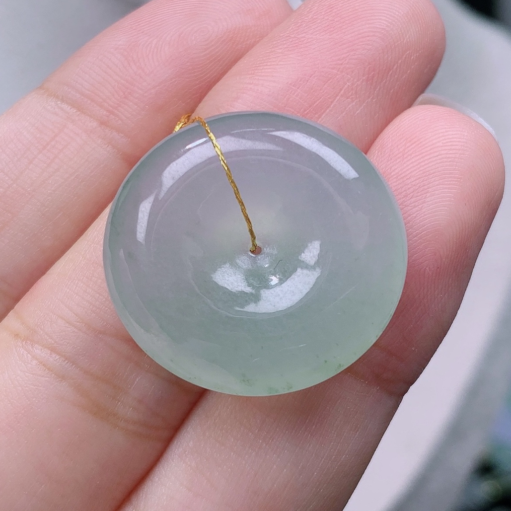 缅甸翡翠A货老坑冰种晴绿底飘花平安扣怀古揭阳精品23.8*6.9