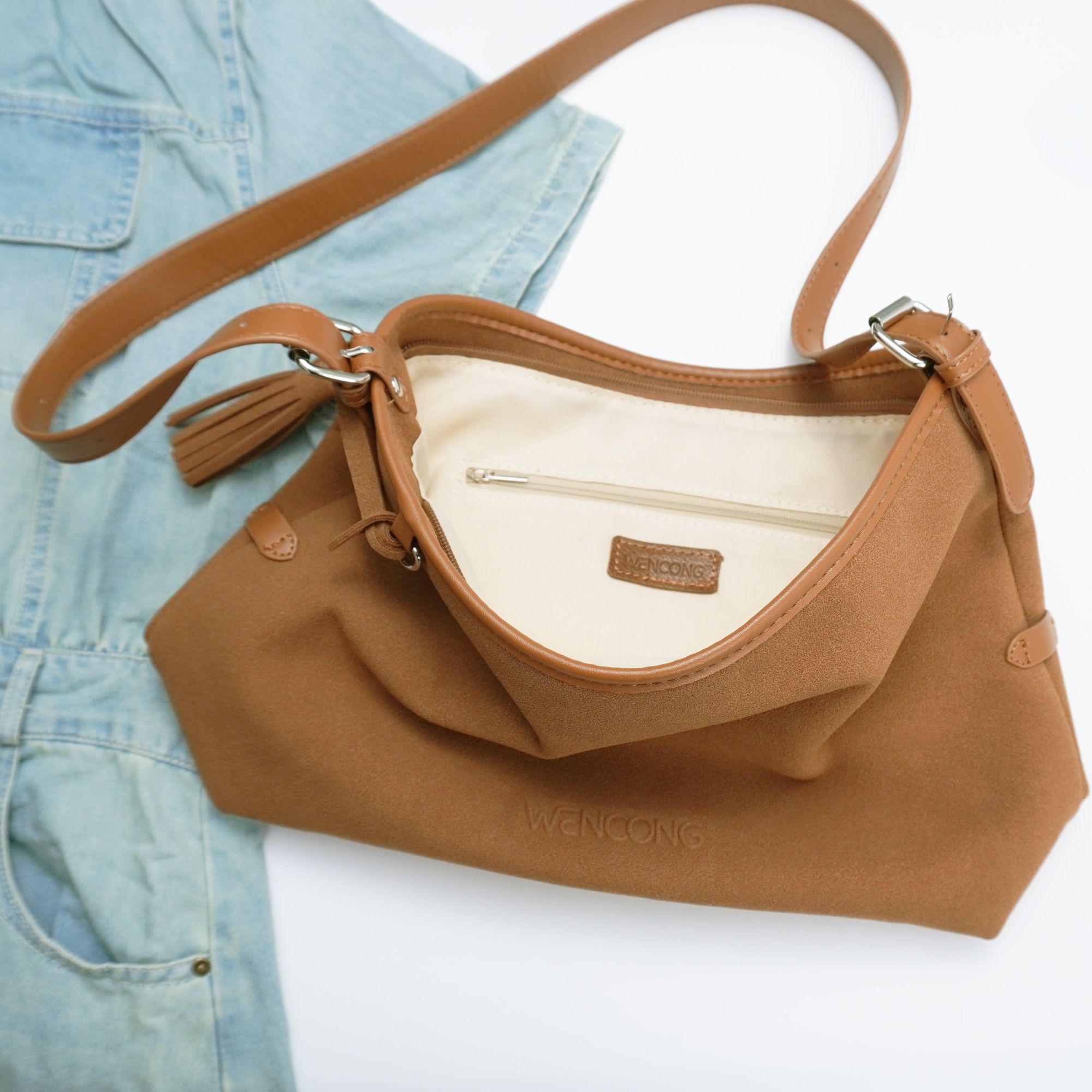 WENCONG牛皮包女式年秋冬季流行美拉德腋下包大容量通勤托特包