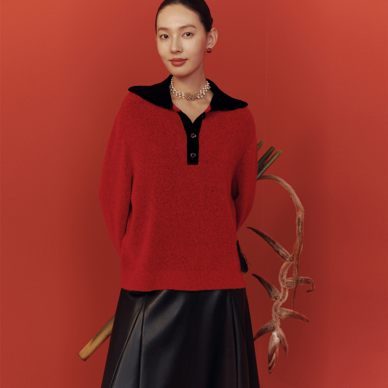 FS时尚翻领撞色拼接流苏宽松套头针织毛衣26春夏新款女装9559A