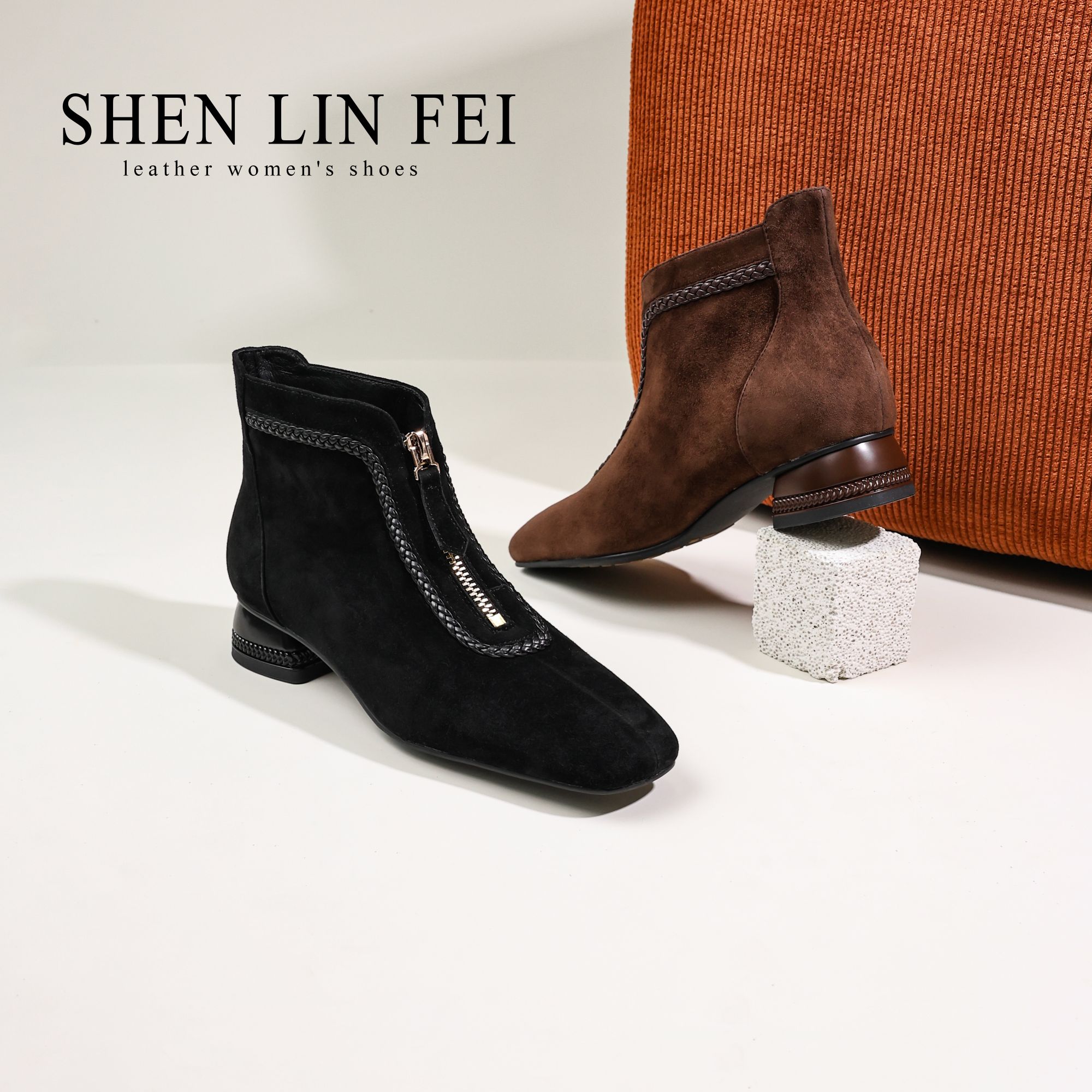 头层羊皮/3CM冬新款方头真皮低跟短靴时尚百搭编织舒适女靴D20835