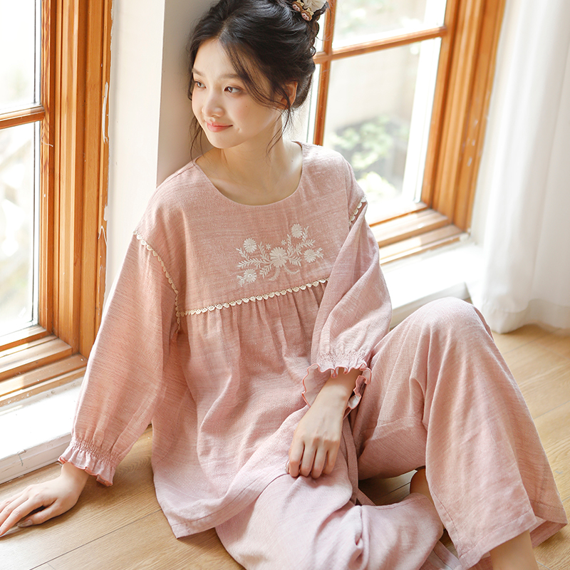 春秋纯棉女士睡衣提花日系圆领精美刺绣家居服宽松套头套装