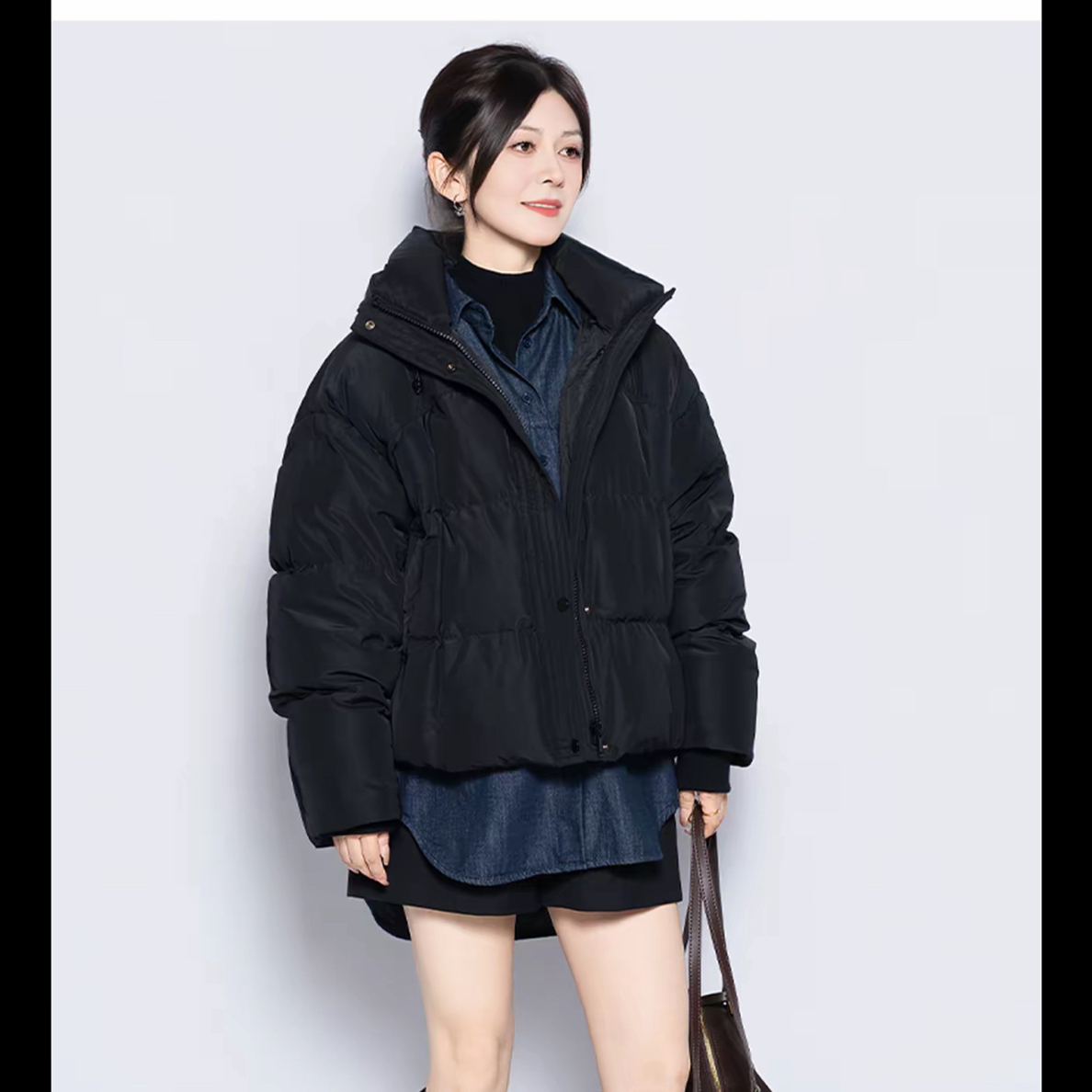 LINGZI/领姿 冬季短款落肩袖纯色拉链休闲连帽女装羽绒4130205