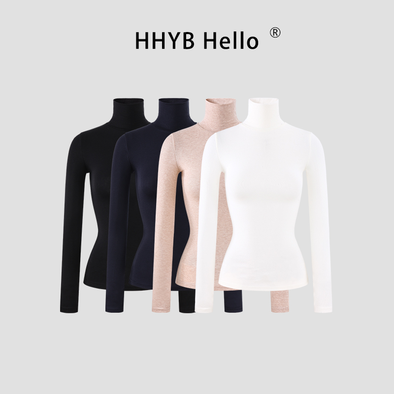 HHYB Hello简约长袖T恤女秋冬弹力高领修身打底针织衫251004