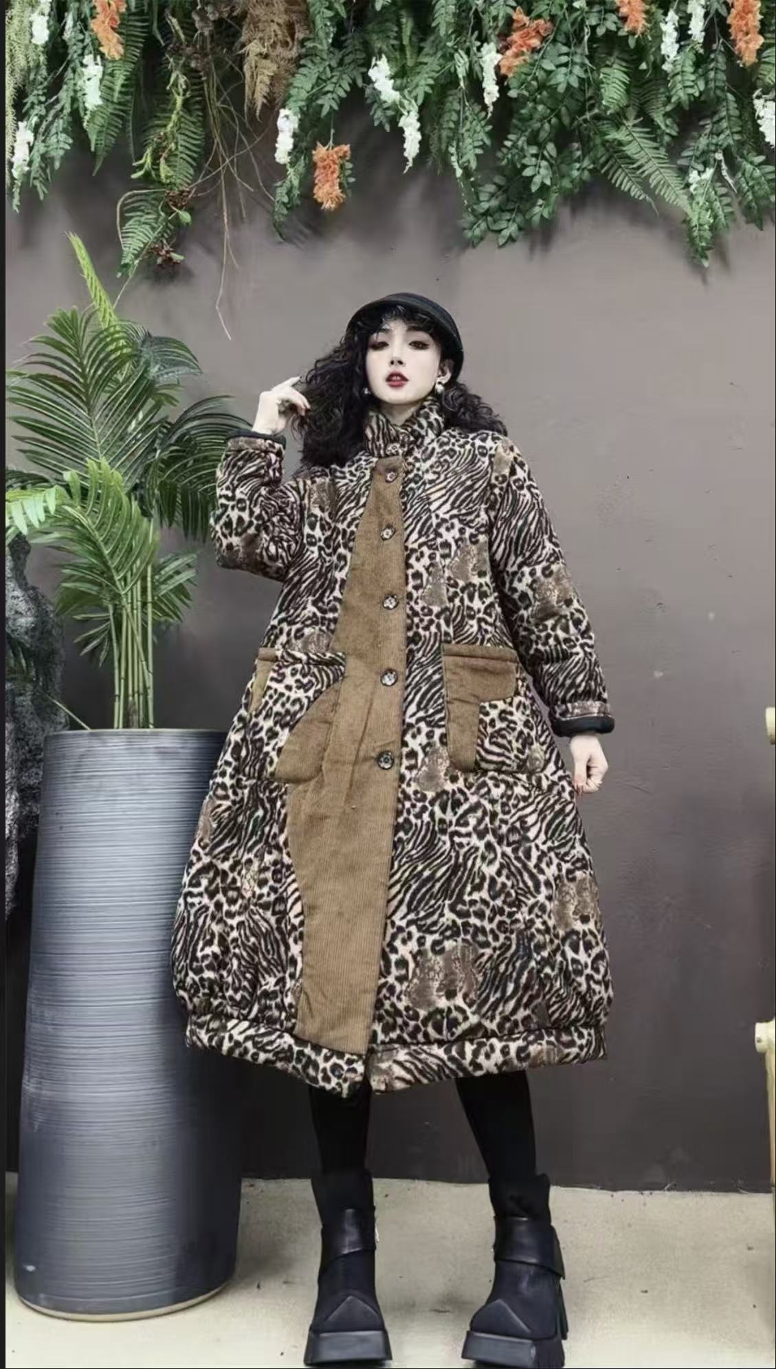 冬季复古拼接灯芯绒加棉保暖中长款棉服018