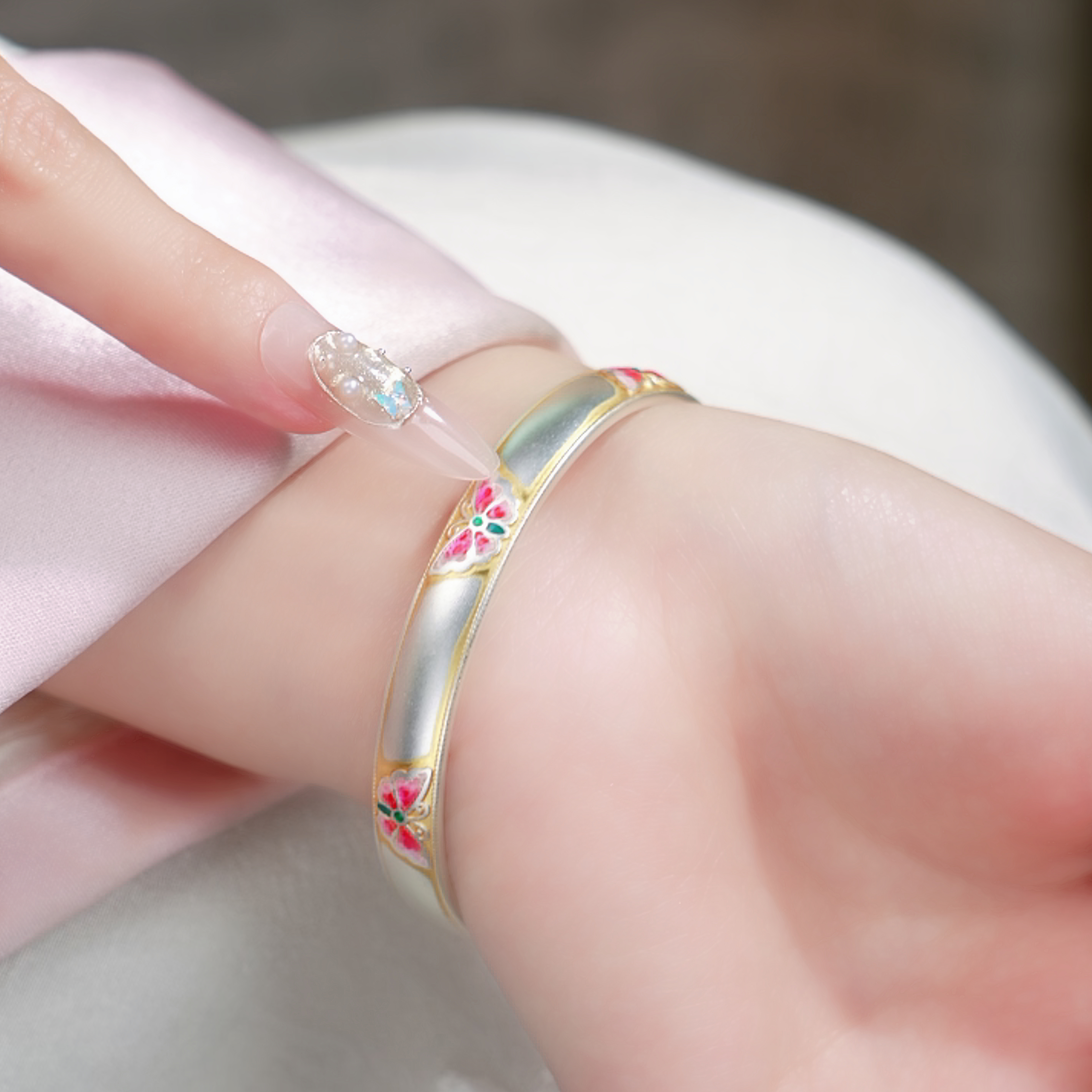 老银匠关东 足银珐琅手镯 【蝴蝶醒狮】纯银手镯实心手工轻奢可调