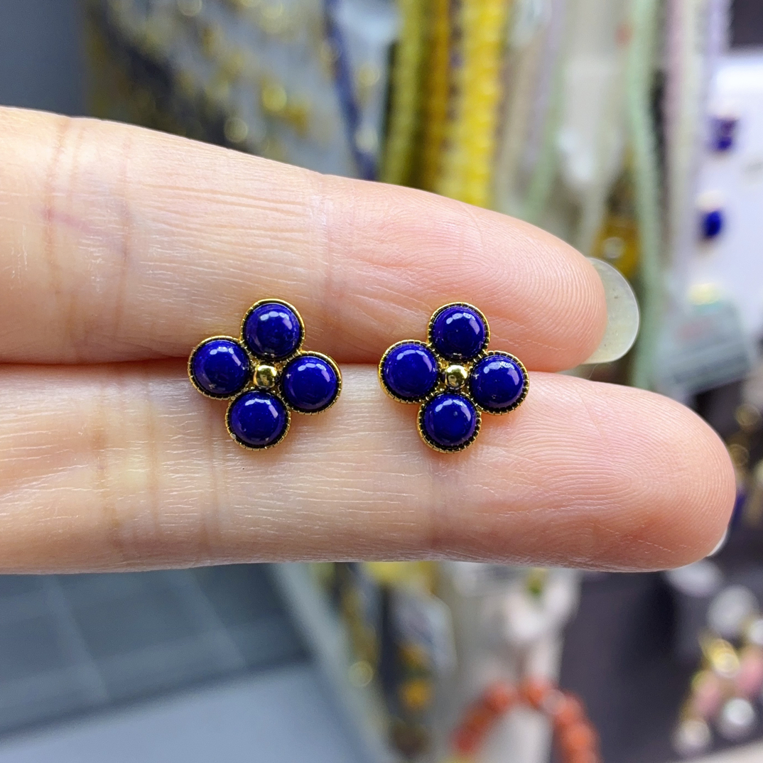 通体纯银天然青金石四叶草耳钉11mm
