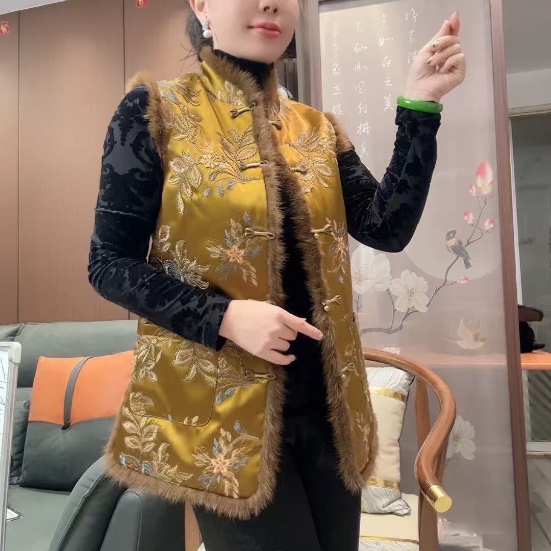 【美依之源】貂毛刺绣马甲复古中式中长版