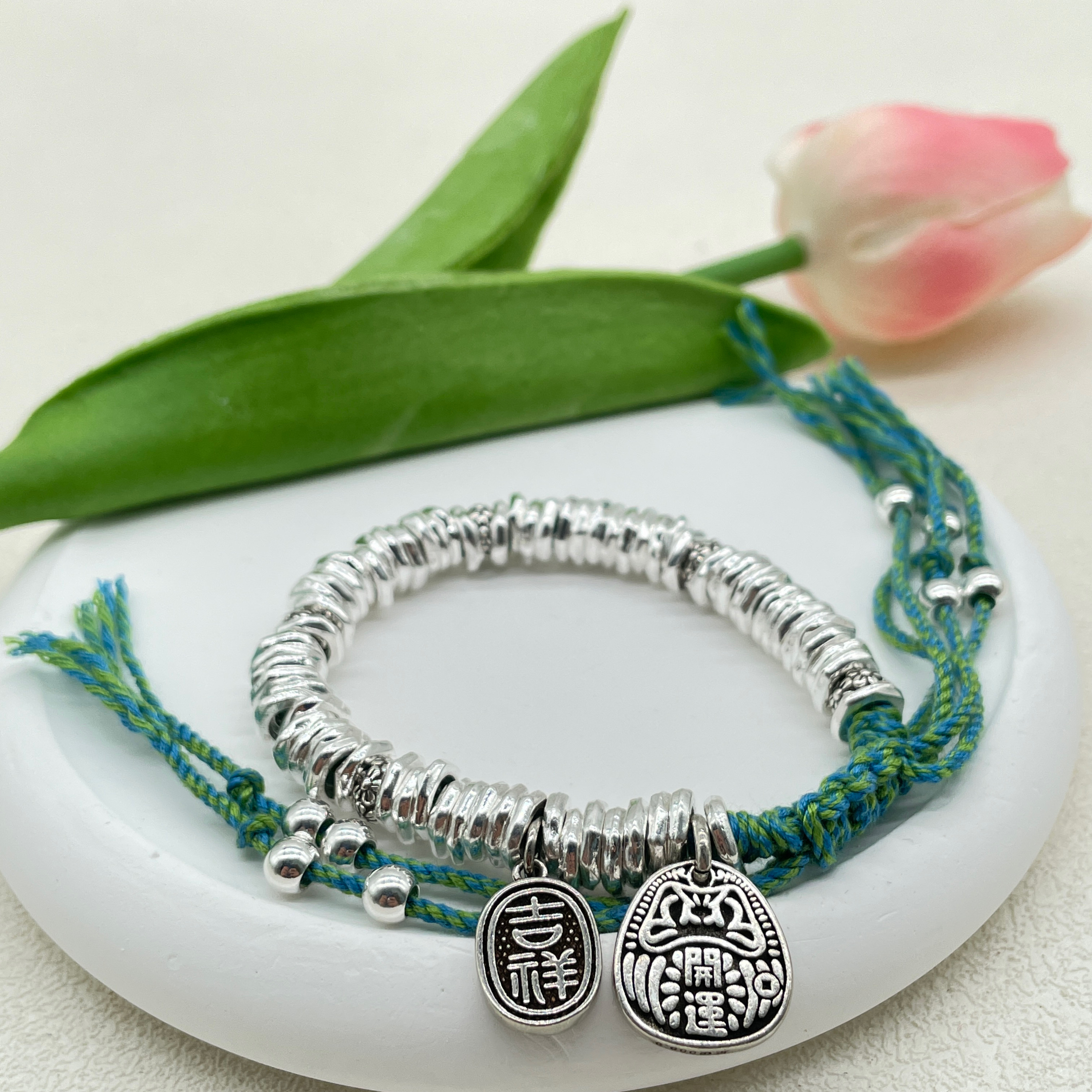 足银手镯 足银999.9手镯 A6绿盘缠手链